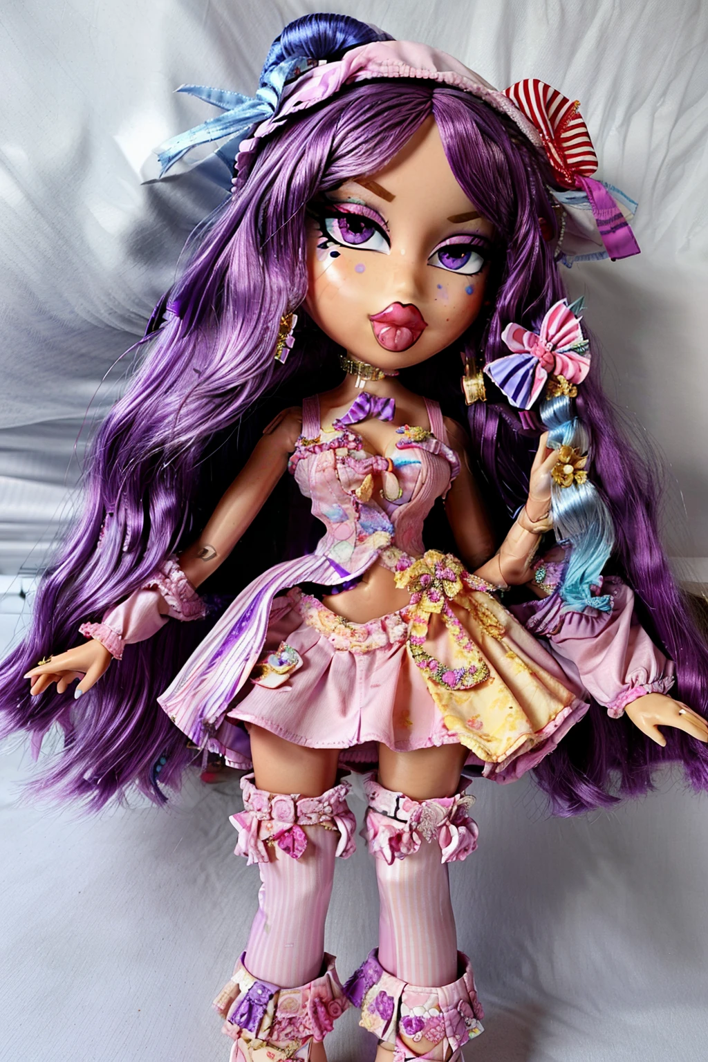 Bratz girl with detailed eyes and big lips and purple curly rococo hair , wearing versace colorful flowers dress , full body , plastic skin , doll joints , ,(masterpiece, top quality, best quality, beautiful and aesthetic:1.2), patchouli_knowledge_touhou, doll, revealing clothes, big head, 1girl, solo, breasts, curvy, wide hips, narrow waist, joints, doll joints, cleavage, bursting breasts, huge breasts, lips, ong_hair, purple_hair, crescent, purple_eyes, ribbon, hat, bow, bangs, moap, hat_ornament, crescent_hat_ornament, hair_bow, red_bow, blue_bow, book, red_ribbon, capelet, hat_ribbon, striped, very_long_hair, midriff, full body, high heels, thighhighs