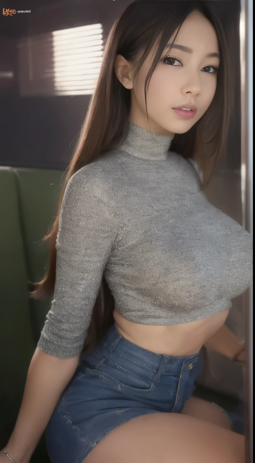 ((Realistic lighting、top-quality、8K、masterpiece:1.3))、Clear focus:1.2、1girl in、Beautiful woman with perfect body shape:1.4、Highly detailed facial and skin texture、hyperdetailed face、Detailed lips、A detailed eye、二重まぶた、Brown hair、eye line、eyeshadows、makeup、Tight clothes、(turtleneck shirt、a miniskirt:1.1)、(huge-breasted:1.2)、cleavage of the breast、Sitting on a chair、On the train、