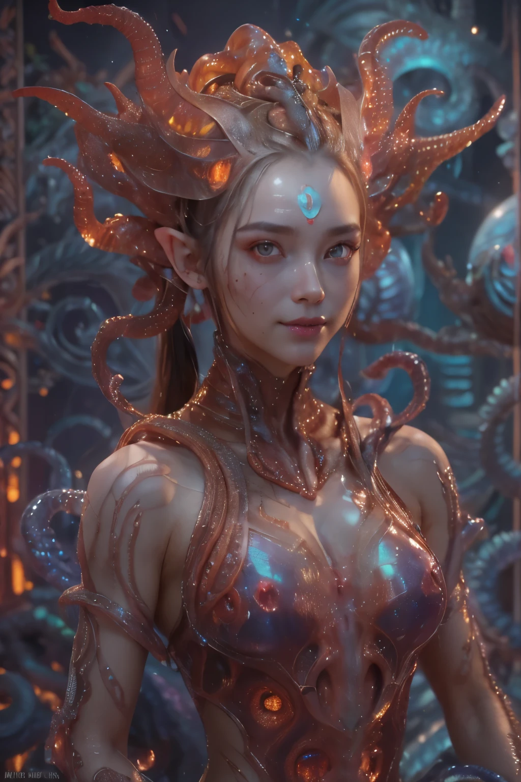 scary and sexy detailed art in color, Portrait, (beautiful and obscene female alien:1.4), (vulgarity1.5), (she has red eyes with no pupils:1.8), (Translucent skin:1.7), ((There is a female genital-like organ in the middle of the forehead:1.9)), (The most beautiful face in the history of the universe:1.2),an evil gaze that seduces, (large mouth:1.1), (sharp teeth like a vampire:1.2), Full body portrait, (bio luminescent:1.5), (Smile wickedly:1.3), (sexypose:1.5), incredibly beautiful alien, (she has unparalleled beauty:1.5), No humans, cells are fused, (Lots of translucent tentacles:1.3) extraterrestrial, cell, bio image, best quality, 8K,In 4K_quality, High freshness, Dramatic Lighting, masutepiece:1.5,cinematic quality, detail up, (exquisite details:1.2), high resolution, High freshness, drawing faithfully, (Thick eyebrows:1.2), Beautiful eyes with fine symmetry,(Highly detailed face and eyes:1.2), Intimate face, (Super detailed skin quality feeling:1.4), perfect anatomy, (Beautiful toned body:1.5), (Moist skin:1.2), not wearing makeup, (dark circles:1.1), long canines, cinematic drawing of characters, ultra high quality model, cinematic quality, detail up, (exquisite details:1.2), high resolution, High freshness, drawing faithfully, official art, Unity 8K Wall , 8K Portrait, best quality, Very high resolution, ultra detailed artistic photography, midnight aura, unreal engine 5, Ultra Sharp Focus, art by Amano Yoshitaka, ArtGerm, Roisch, intricate artwork, best quality, masterpiece, ultra high resolution, (photos realistic:1.4), ultra realistic realism, dream-like, nautilus, Creation of fantasy, Snail, Dream Snail, (biopunk nautilus:1.3),Thrilling color schemes, ultra realistic realism, seductively smiling, Blue tentacles,