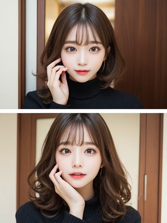 masutepiece, Best Quality, Illustration, Ultra-detailed, finely detail, hight resolution, 8K Wallpaper, Perfect dynamic composition, Beautiful detailed eyes, Winter clothes,Medium Hair,Natural Color Lip, Home front door(Curly)、20 years girl、Cute、show your look to the camera,Face that feels ecstasy,blur backgroun,KPOP Idol Face,Cute,Shoot from a little above,Kamimei,Anatomically correct body