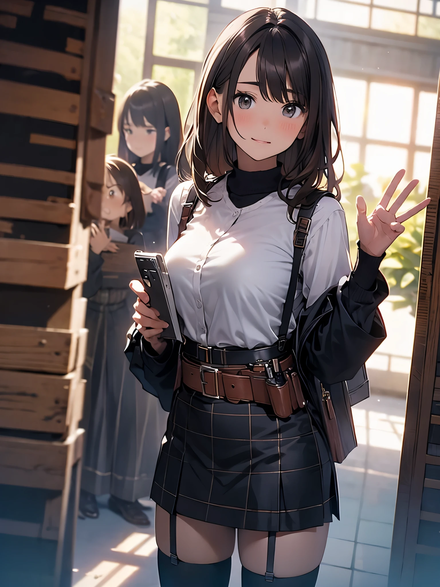 Brown hair、watching at viewers black suspenders Bulging big breasts walls: Black miniskirt garters Gaze Small face bangss holster Beautuful Women hands up レッグholster ベッドに横たわる Gaze black boots panty shot provocation flank flank汗 soio Fold your hands behind your back a belt