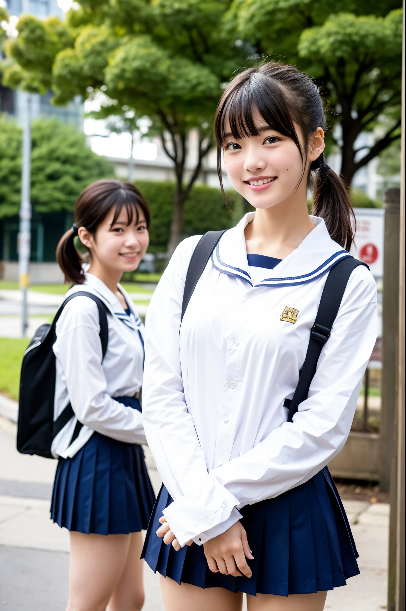 girls near bus-stop of old-Japan,bus on farside,long-sleeved school sailor uniform,school bag,18-year-old,bangs,a little smile,thighs,short cut hair,low ponytail,from below,frontlighting