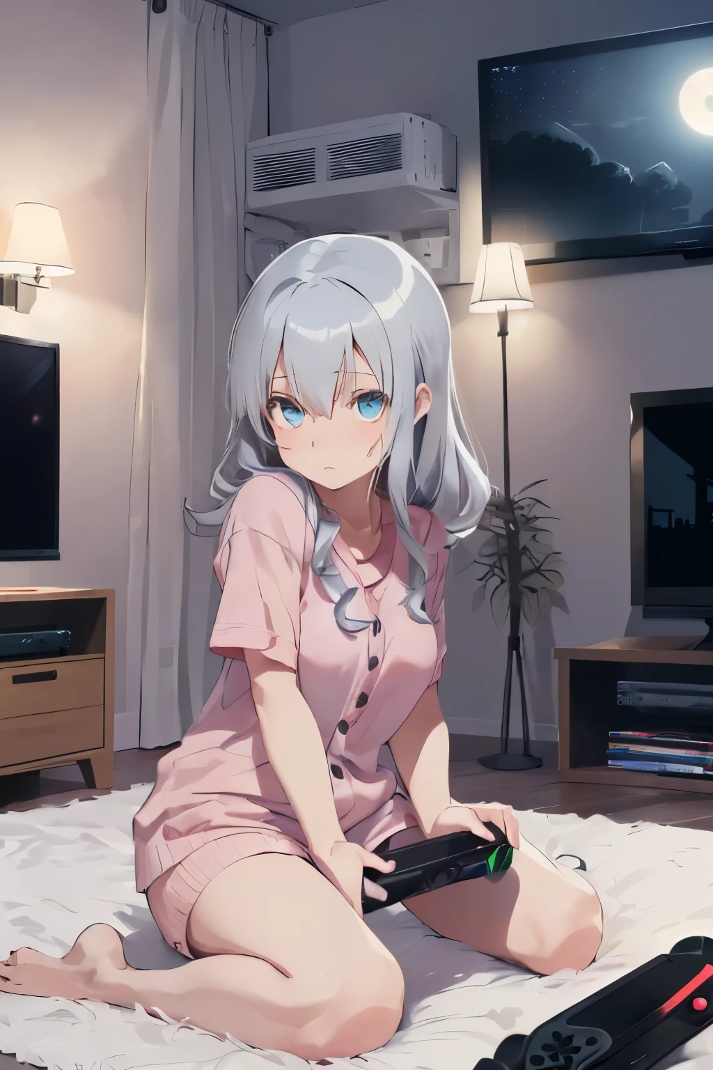 (silber hair:1.5),(Fluffy hair with curls:1.2),(blue eyes:1.3),(With bangs),Slight red tide,(Fluffy and luxurious loungewear:1.45),(A room at night with moonlight shining in:1.6),(Your eyes are shining like stars:1.5),(A man's room living alone:1.45),(simple men's room),(Fluffy carpet:1.35),(Eye size:1.7),(drooing eyes:1.65),(close up of face:1.2),(Side view:1.4),(Sit in front of the TV:1.35),(playing on a home game console:1.4),