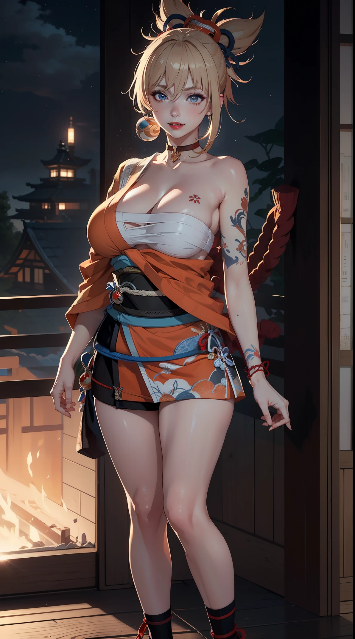 ((masterpiece)),(bestquality),((ultra-detailed)), ((beautiful detailed sky)), ((cinematic lighting)), depth of field, (erotic),detailed lighting,((beautiful detailed eyes)), red lip, (full body), smile,eyeshadow,gigantic breast, cleavage,((sexy)), ((yoimiyadef))