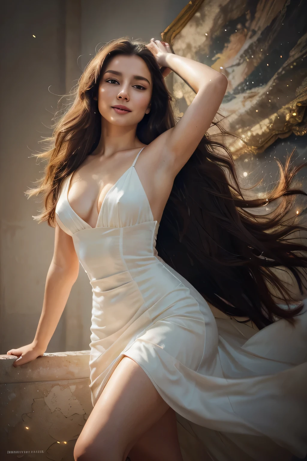 beautiful woman, elegant dress, flowing hair, vibrant colors, soft lighting, portrait, detailed features, sparkling eyes, graceful posture, confident smile, artistry, oil painting, masterpiece:1.2, highres, vivid brushstrokes, realistic skin texture, subtle shading, professional, atmospheric background, dreamy atmosphere.