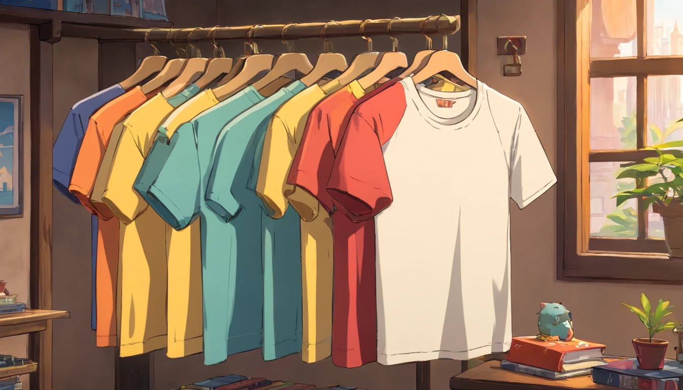 a lifestyle shot of a blank t-shirt mockup, with a hanger or folded neatly, placed against a stylish backdrop, emphasizing the versatility for personalization and branding