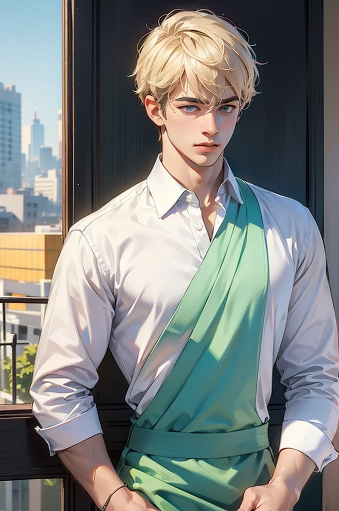 from outside, (Handsome young man), complex light, pastel colours, (((Detailed drawing))), against the backdrop of the city