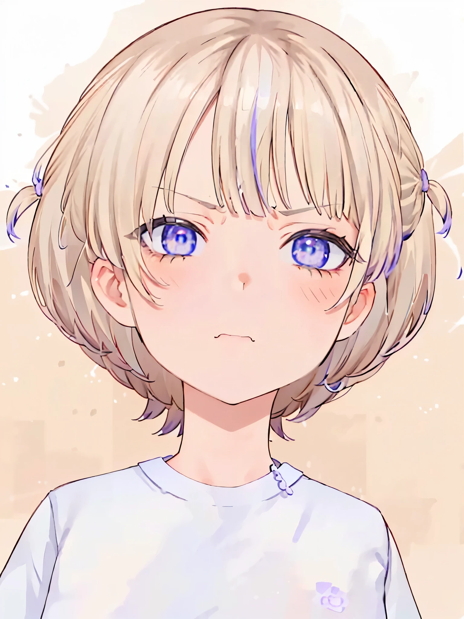 Cream hair, purple eyes, upper body, ((very angry face)), detailed eyes, beautiful eyes, high res, (blush), cute, 1 face, solo,