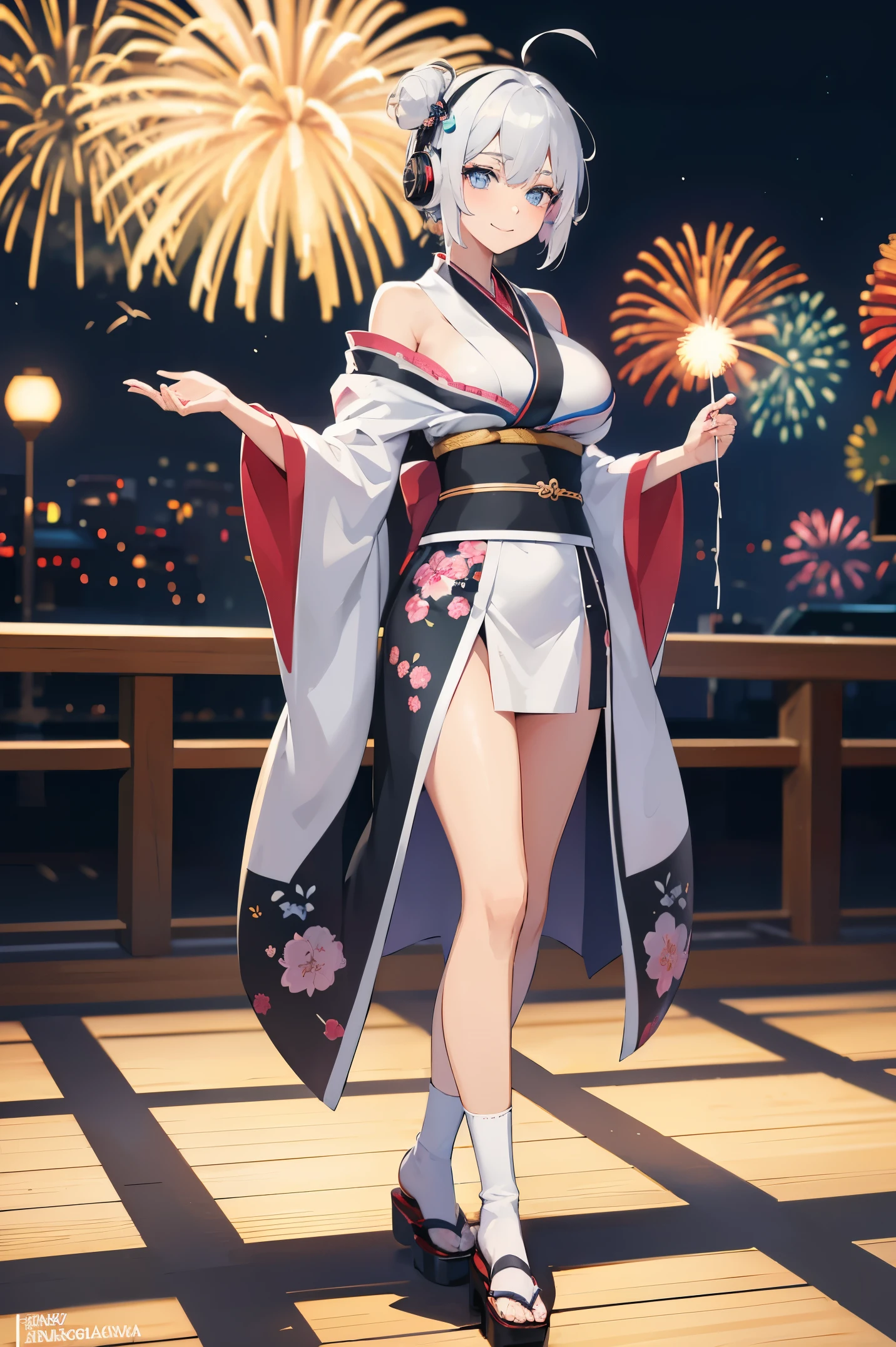 "anime girl, 1 person, silver white hair mixed with black, blue eyes, wearing headphones, women's kimono, same kimono, big breasts, holding cotton candy, long socks, standing cross-legged, shy smile, festival, New Year's Eve fireworks, watch fireworks, solo(full HD Image 4K+)"