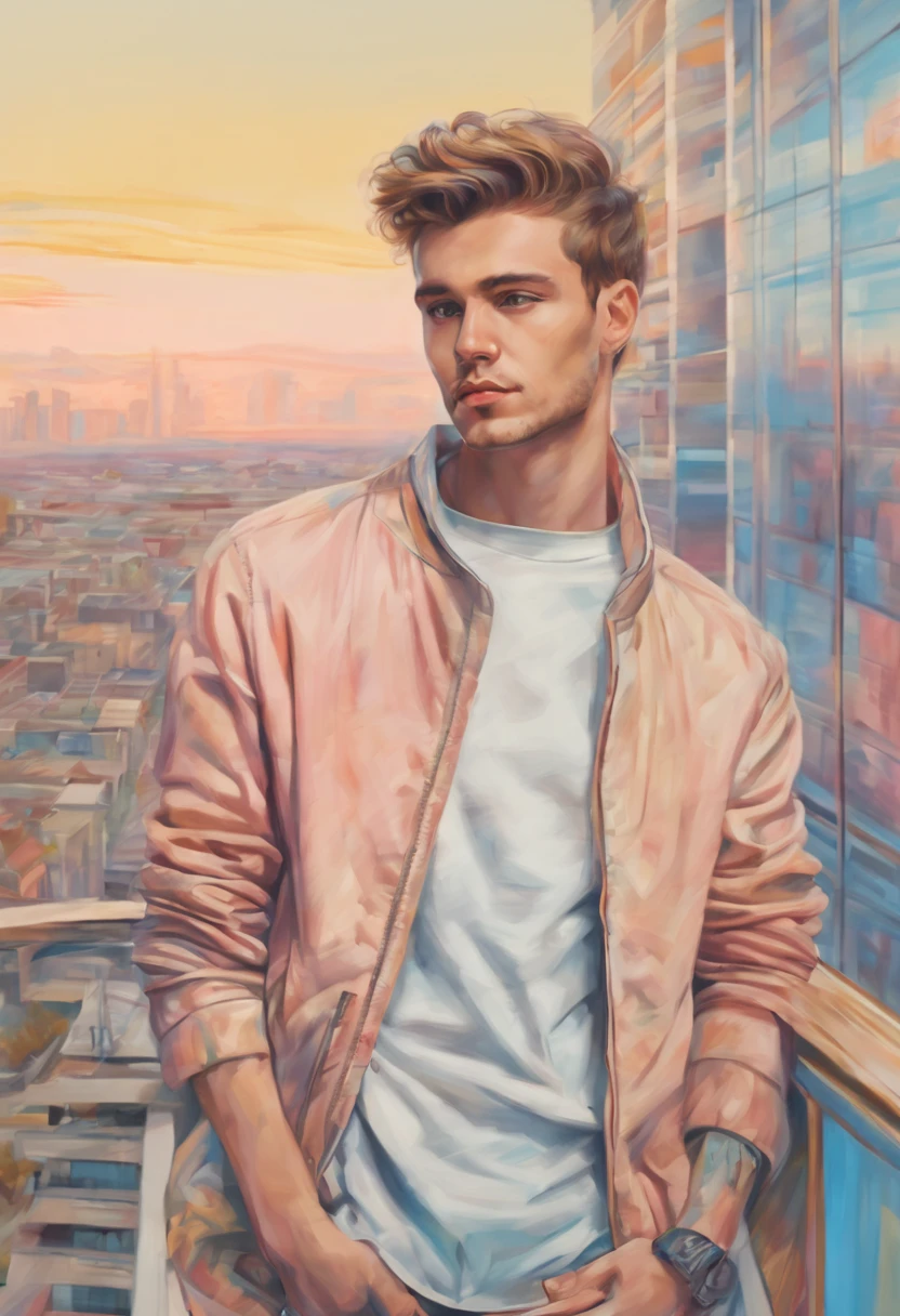 from outside, (Handsome young man), complex light, pastel colours, (((Detailed drawing))), against the backdrop of the city