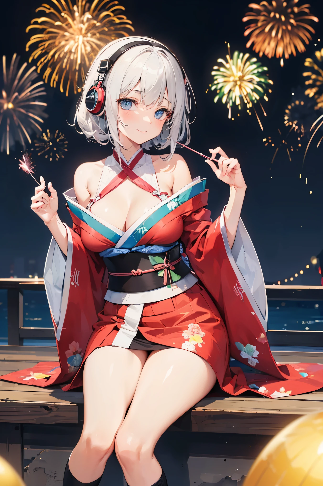 "anime girl, 1 person, silver white hair mixed with black, blue eyes, wearing headphones, women's kimono, same kimono, big breasts, holding cotton candy, long socks, standing cross-legged, shy smile, festival, New Year's Eve fireworks, watch fireworks, solo(full HD Image 4K+)"