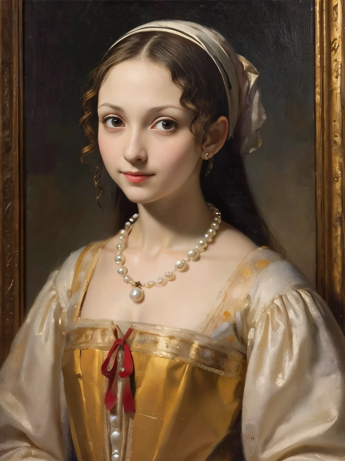 an oil painting，da vinci art style。Portrait of a beautiful maiden，with a round face，ssmile：1.37，Beautiful medieval clothing，pearls necklace，Artistic creativity:1.37,Oil brush strokes，Oil painting texture，Light and shadow composition