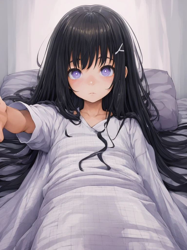 1girl in,,,,,６Year old girl,sleepy expression,Dark hospital room,White pajamas,,,de pele branca,A dark-haired,Purple pupils,,Girl lying on her back on bed,,,incoming hug,,,