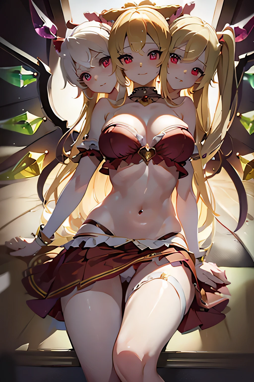 (masterpiece, best quality),best quality, (ultra-detailed), (4heads:1.4), 1girl, (flandre scarlet :1.3), masterpiece, best quality, red top, crop top, ((stomach)), midriff, ((groin)), red skirt, normal ears, shackles, blonde hair, very long hair, wavy hair, sidelocks, red eyes, parted lips, single horn, sweat, cute, toned belly, hand on own chest, eyelashes, (22 year old woman:1.3), (masterpiece:1.4), (best quality:1.4), (beautiful detailed extremely detailed CG, extremely delicate and beautiful, depth of field, (finely detailed face), (perfect details:1.0), (mature female:1.3), wide pelvis, slender, large veiny breast, 8k resolution, high quality, high definition, extremely detailed, masterpiece, best quality, blonde hair, long hair, alluring presence, braid, short skirt, close up, big tits, young, small red bow, mobcap,