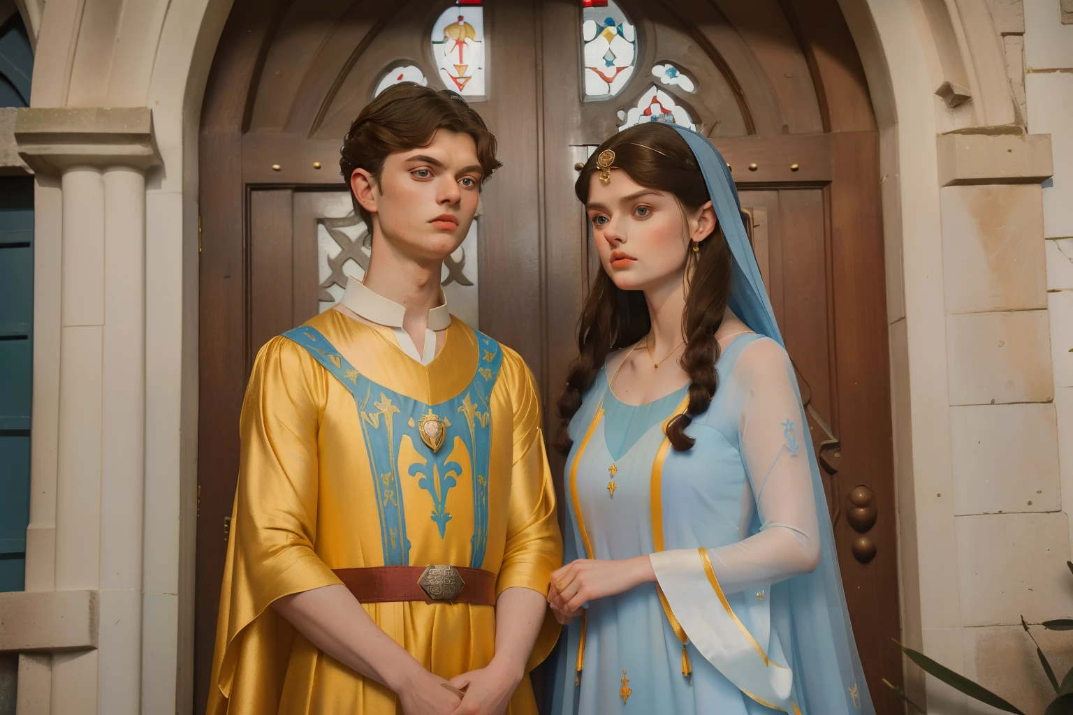 1143, Kingsbridge, England. otherworldly scene outside a medieval church, ((((23-year-old)) Alexandra Daddario)), with (((Levi Miller))), wedding, ((unhappy serious expression)), ((((tunic and gown from the 12th century))))((hairstyle of the 12th century)), ((Wes Anderson cinematic style)), colorful