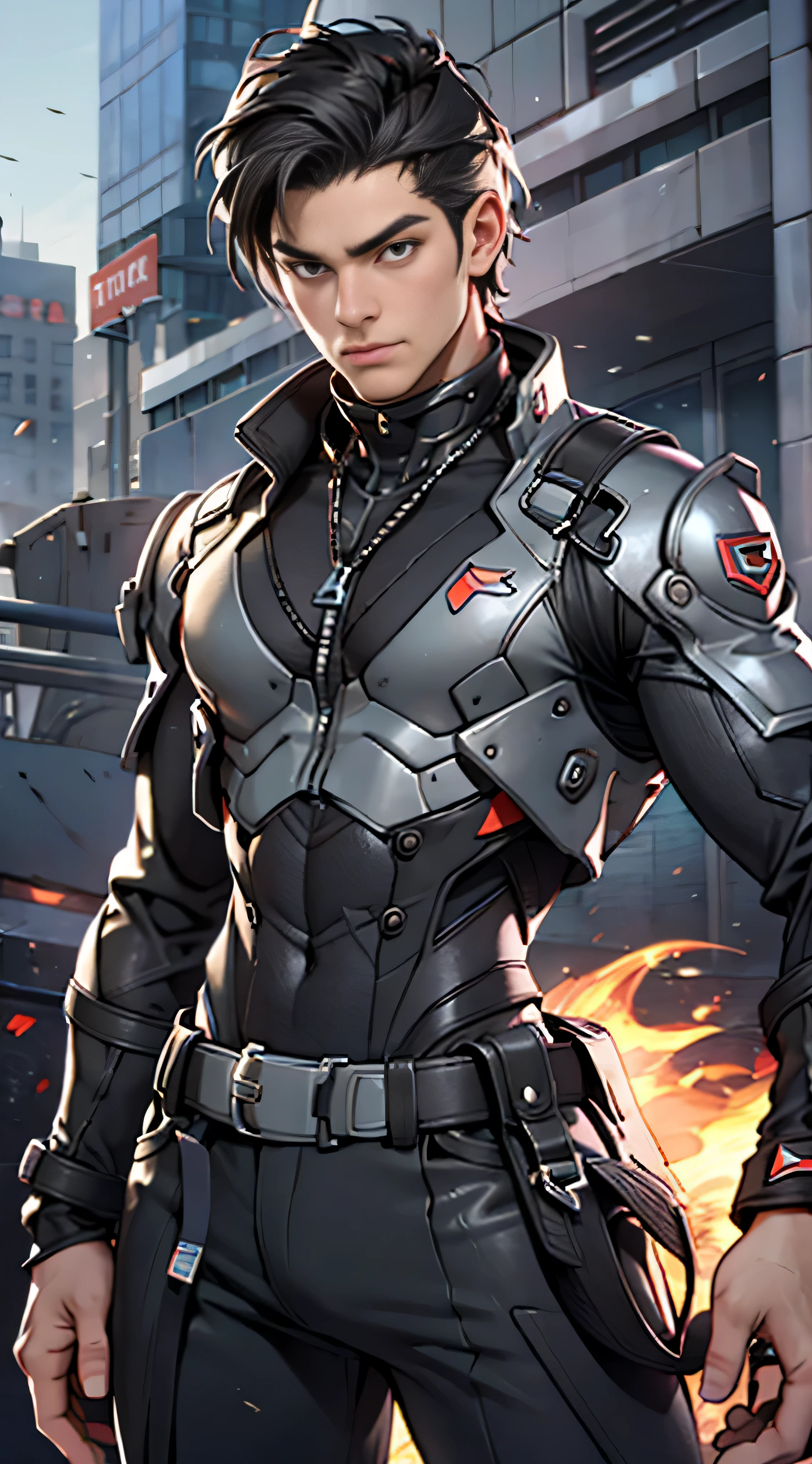 11:23(((Best quality at best: 1.4))),(Unbeatable masterpiece), (hyper HD),(Hyper-realistic 8k CG)、（dark colored hair） ((( body))), (((1 middle-aged boy))),35-year-old American soldier with perfect body,,delicated face,muscular body:1.2,Solid royal gray jacket with details, (Pictures from head to thighs)， Complex equipment, Dark purple coat，long trousers，The clothes inside are dark，Clothes with metal technical parts,Tech Armor )
