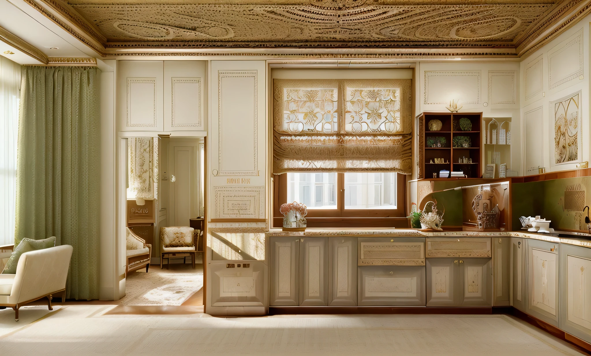 The ceiling is designed to be high and embellished with traditional details such as floral patterns, creating an elegant and charming atmosphere. The main wall often utilizes deep colors like red, dark green, or brown to accentuate the space. Classic paintings, fabric panels, or antique mirrors hung on the wall also add sophistication and refinement. The furniture comprises sofas and cushioned chairs crafted from premium materials and adorned with traditional floral patterns. A luxurious wooden coffee table with exquisite details or intricately carved floral motifs is chosen. Seating areas are creatively arranged to offer both comfort and functionality to the occupants. Natural light is embraced through large windows, creating a magnificent natural tableau within the room. Ornate chandeliers or decorative lights with a classic design, such as crystal pendant lamps or chandeliers, serve as focal points, enhancing the room's opulent beauty. Additionally, the use of decorative items like throw pillows, area rugs, or traditional patterned décor elements such as antique ceramics, handmade crafts further enriches the beauty and complexity of the living room space.
