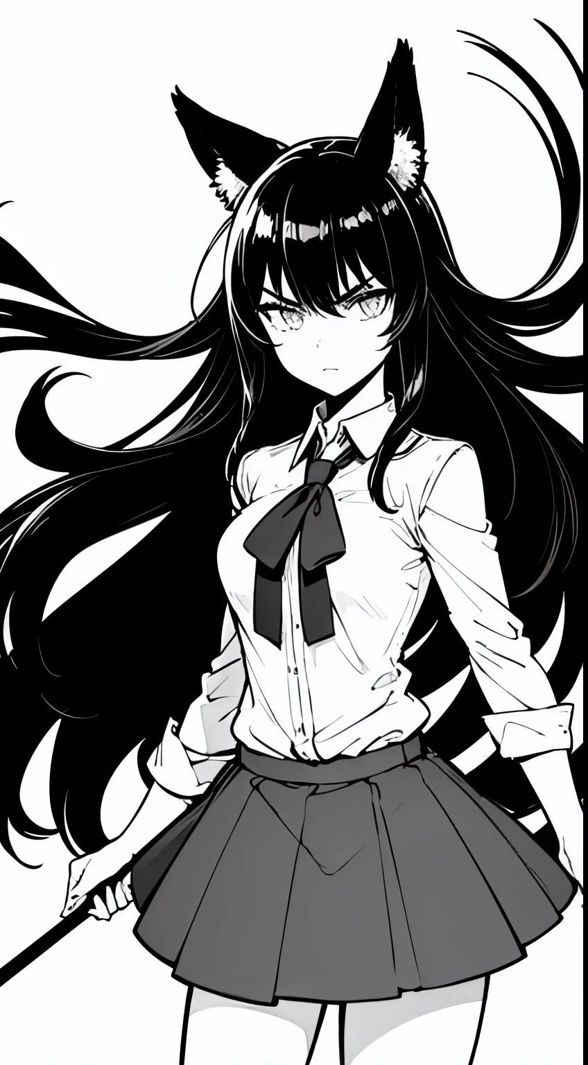 1girl ,20s,angry face,white shirt,black tie,black skirt,black hair,long hair,fox ears,cowboy shot,standing,(white background, monochrome, line drawing,)