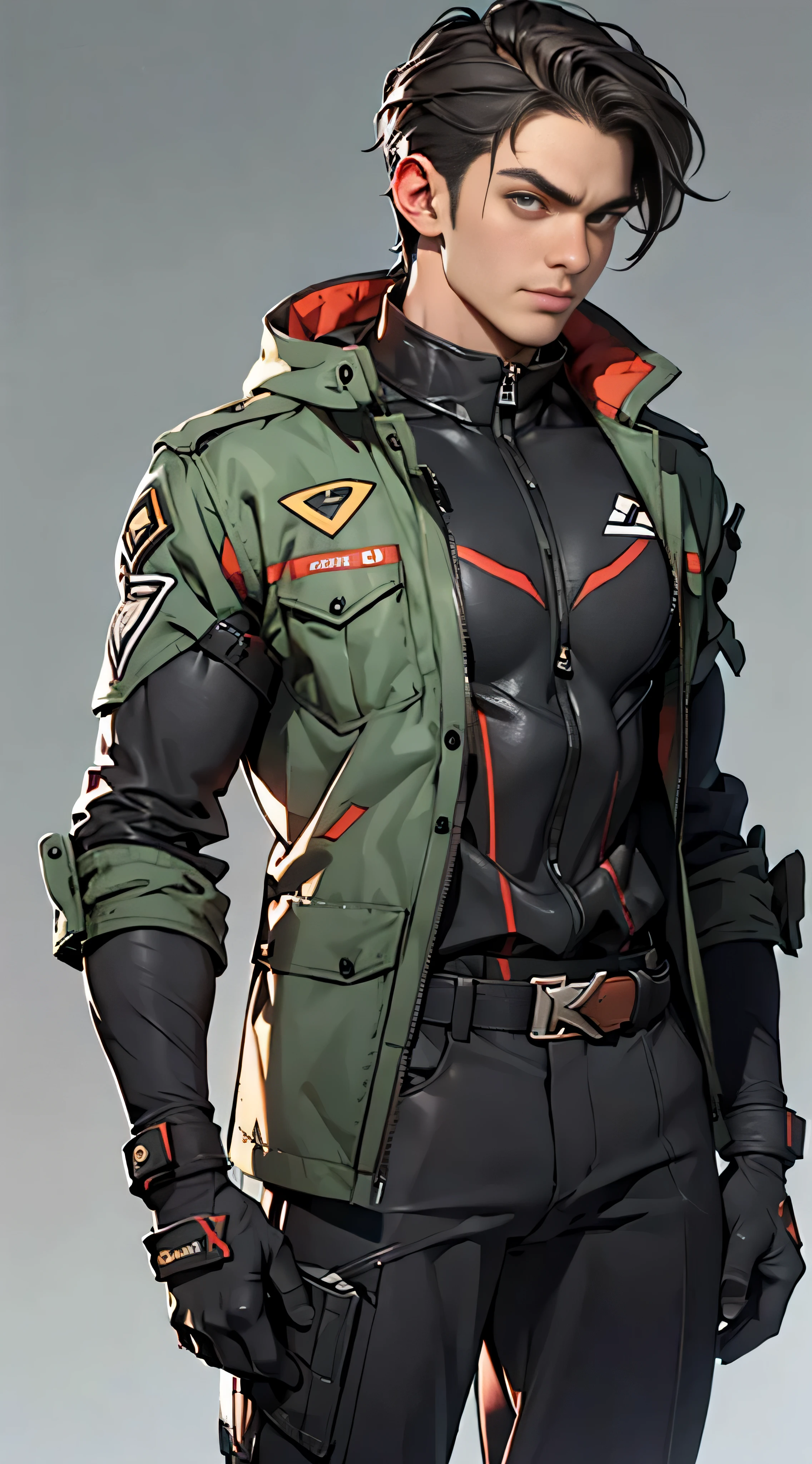 11:23(((Best quality at best: 1.4))),(Unbeatable masterpiece), (hyper HD),(Hyper-realistic 8k CG)、(dark colored hair) ((( body))), (((1 middle-aged boy))),35-year-old American soldier with perfect body,,delicated face,muscular body:1.2,Solid royal gray jacket with details, (Pictures from head to thighs), Complex equipment, Dark purple coat,long trousers,The clothes inside are dark,Clothes with metal technical parts,Tech Armor )