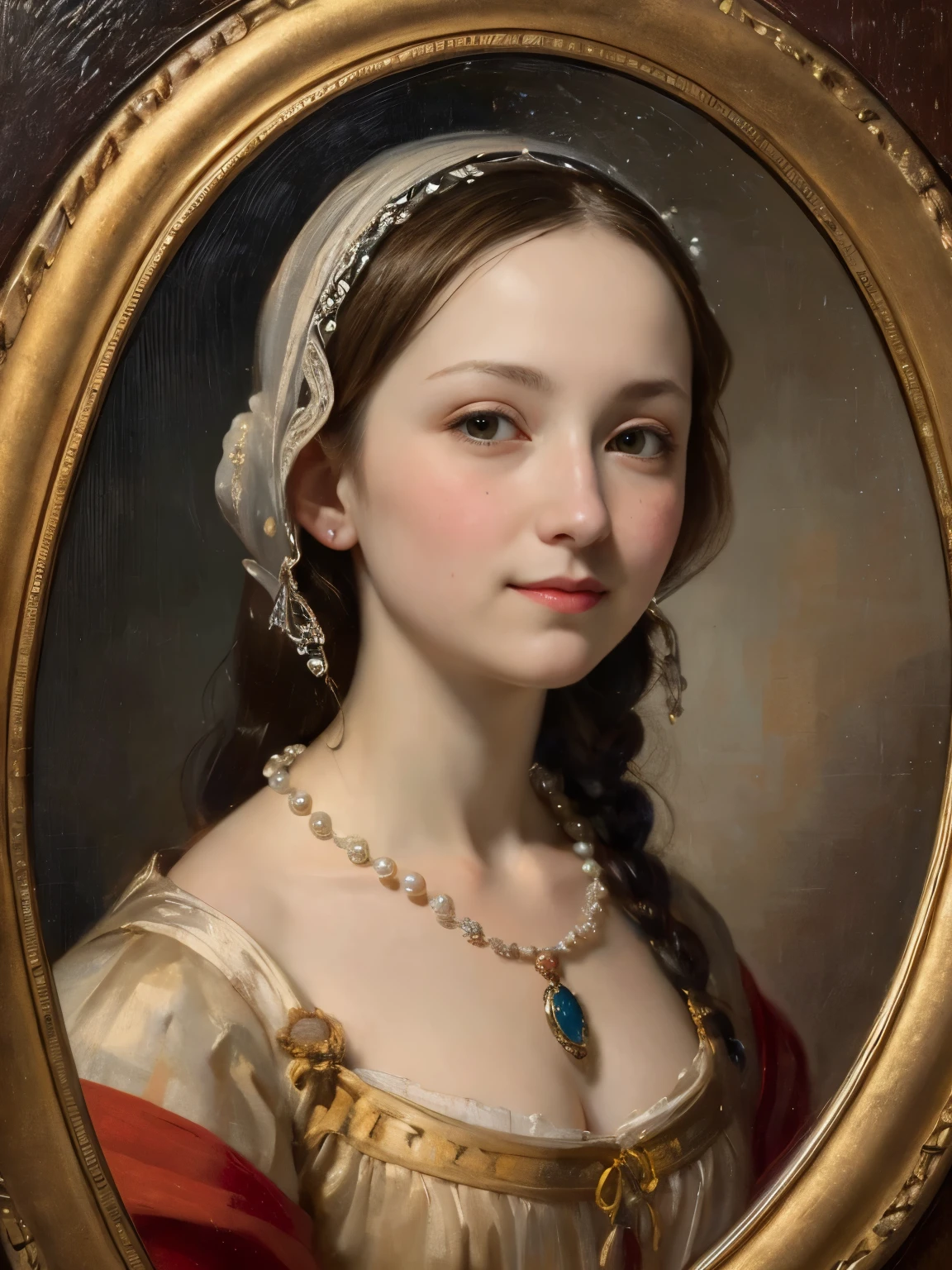 an oil painting，da vinci art style。Portrait of a beautiful maiden，with a round face，ssmile：1.37，Beautiful medieval clothing，pearls necklace，Artistic creativity:1.37,Oil brush strokes，Oil painting texture，Light and shadow composition