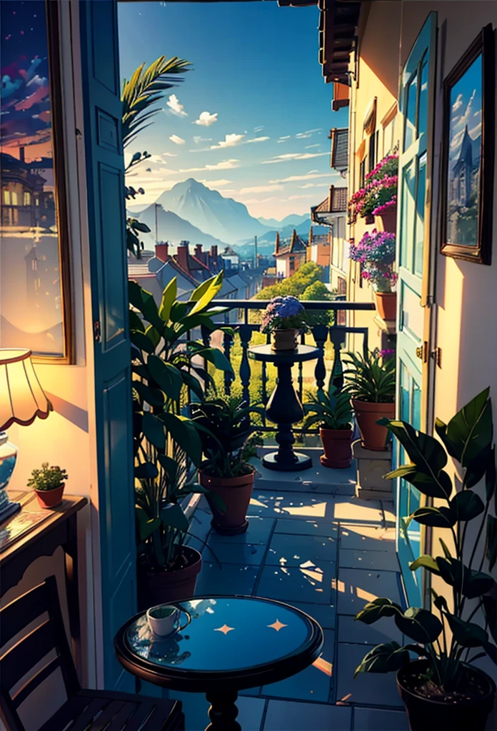 Veranda, Terrace, balcony, embankment, huge, plants in pots, flowers in a vase, figurines, rocking chair, birds, cat, expensive and cozy interior, creative workshop, décor, Cozy artist's workshop, easel, color palette, acrylic paints, paintings, large windows, loggia, art, awards, table, sofa, armchairs, mirror, crystals, meditation, harmony, many books on the walls, view from the window, sea, mountains,  amazing sunset, floral arrangements, paints, brushes, artist's theme, graceful, dynamic bright lighting, happiness, full color, multicolored, artificial, highest detail, super quality, fine details, highlights, neon lights, masterpiece, best colors