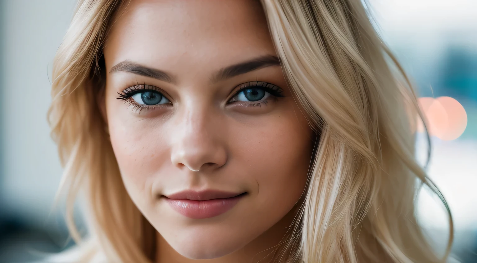 Close-up shot of face only,  Smile, 1 Girl with a beautiful face, European Beautiful Women, Photographer 1.4), (Full body portrait: 1.4),Raw UHD Portrait Photography, background at room , (crack), Detailed (Texture!, hair!, shine, Color!!, defect: 1.1), highly Detailed glowing eyes, (looking in camera), Specular Light, Digital SLR, Extreme quality, sharp focus, sharp, degrees of freedom, Film grain, (Centered), FUJI XT3, Crystal clear, center of frame, Cute face, sharp focus, Bokeh, (Dark light), lowkey,  Detailed skin pores, intricate eye details, blonde hair