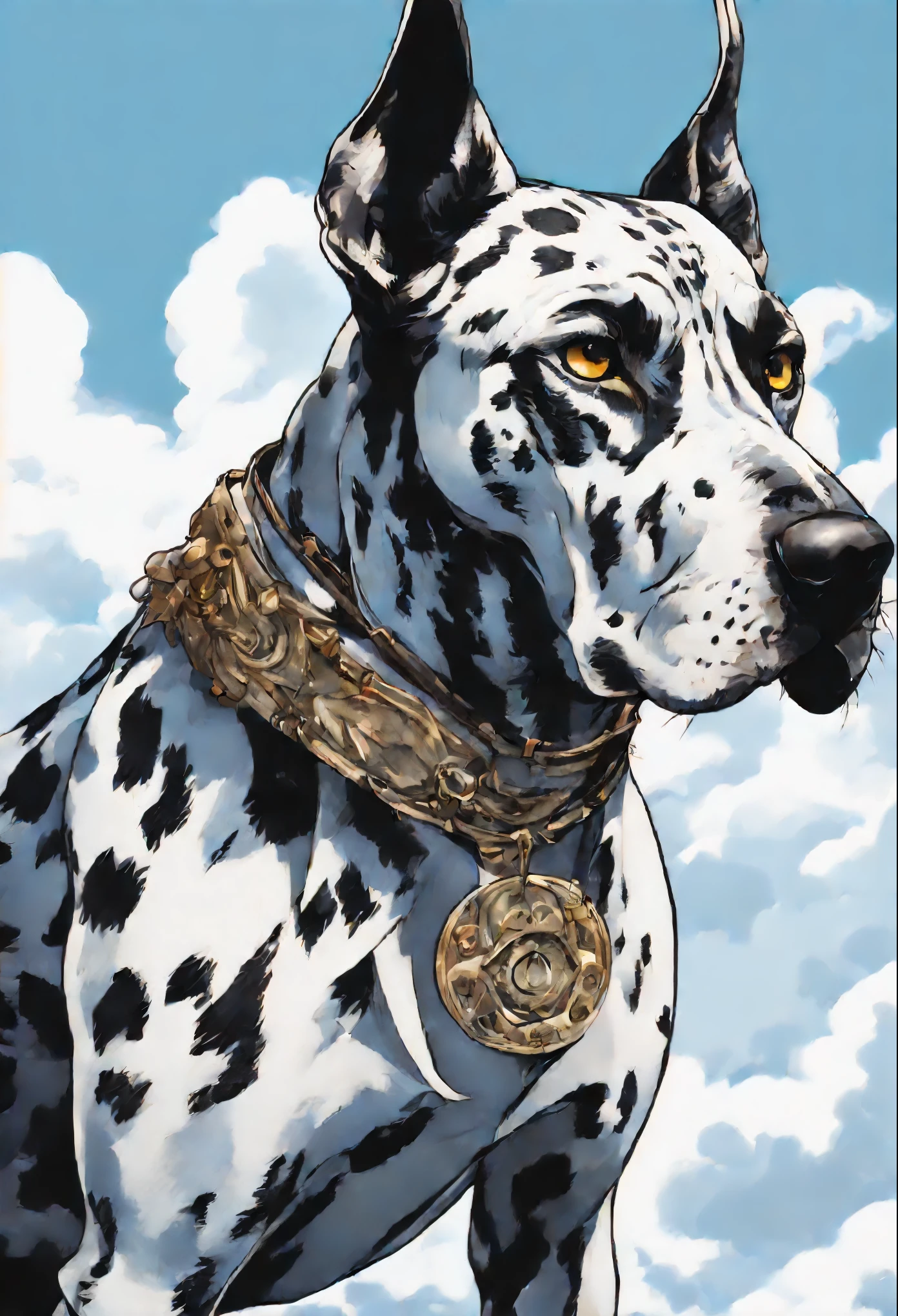 close-up of a dog of the German DRG breed of merle color (white-black), A Great Dane dog walks on the clouds, fluffy clouds, shaggy clouds, casimir art, illustration of shigenori soejima, boris valejo. Smiling Great Dane dog, detailed anime character drawing, подробный anime key figure, Granblue Fantasy, Beautiful owl in demon slayer art, Taisho Roman, Clear RPG portrait, Masamune Shiro, anime key figure