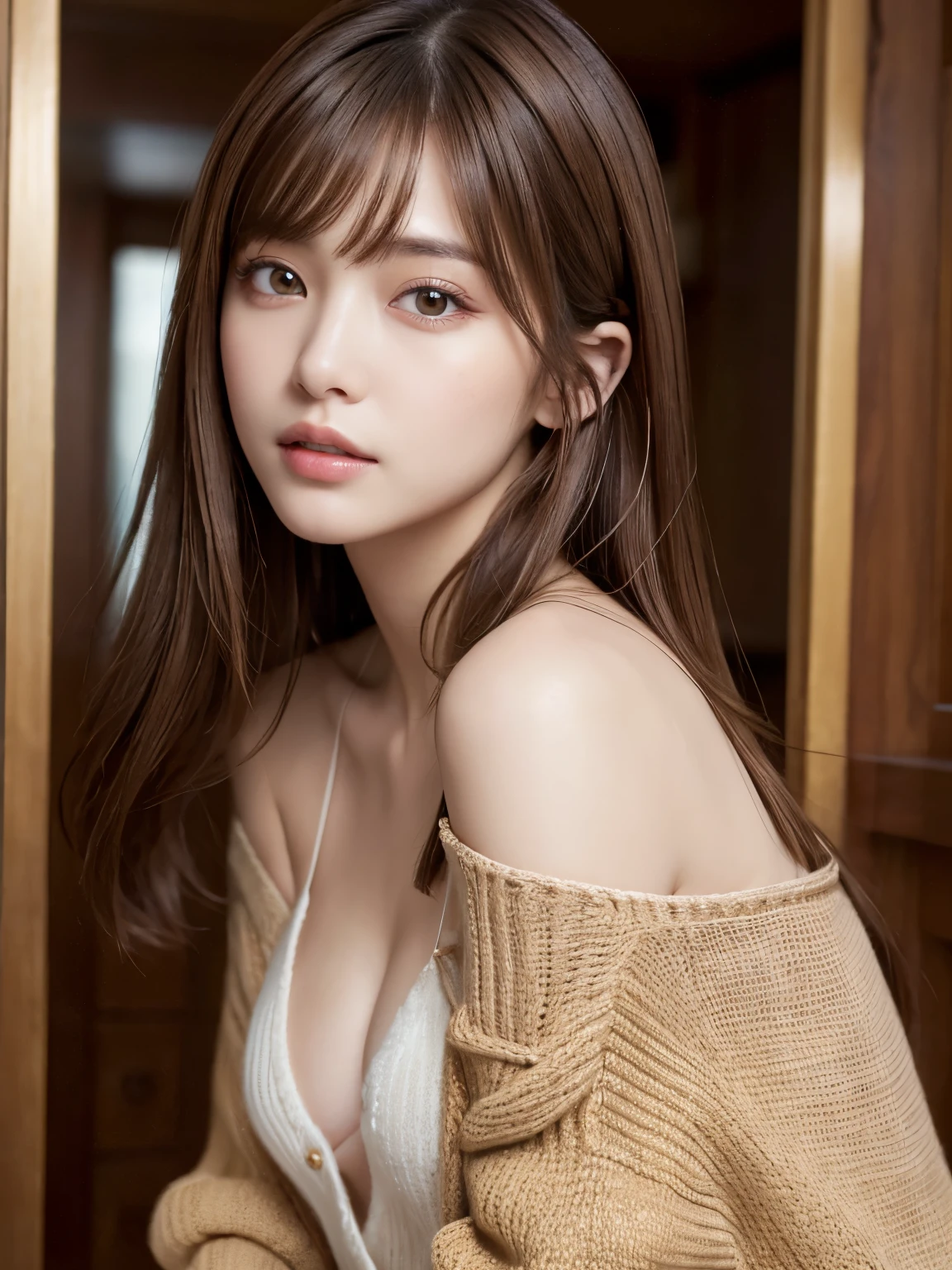 (masuter piece:1.3)、(8K、Photorealsitic、Raw photography、top-quality: 1.4)、(1girl in)、美丽的面容、(Lifelike face)、(Brown hair:1.5)、(Medium Hair)、Beautiful hairstyle、（One eye is hidden by bangs：1.5）、realistic eyes beautiful details、（real looking skin）、Beautiful skins、（Sweaters）、absurderes、enticing、超A high resolution、A hyper-realistic、high-detail、the golden ratio