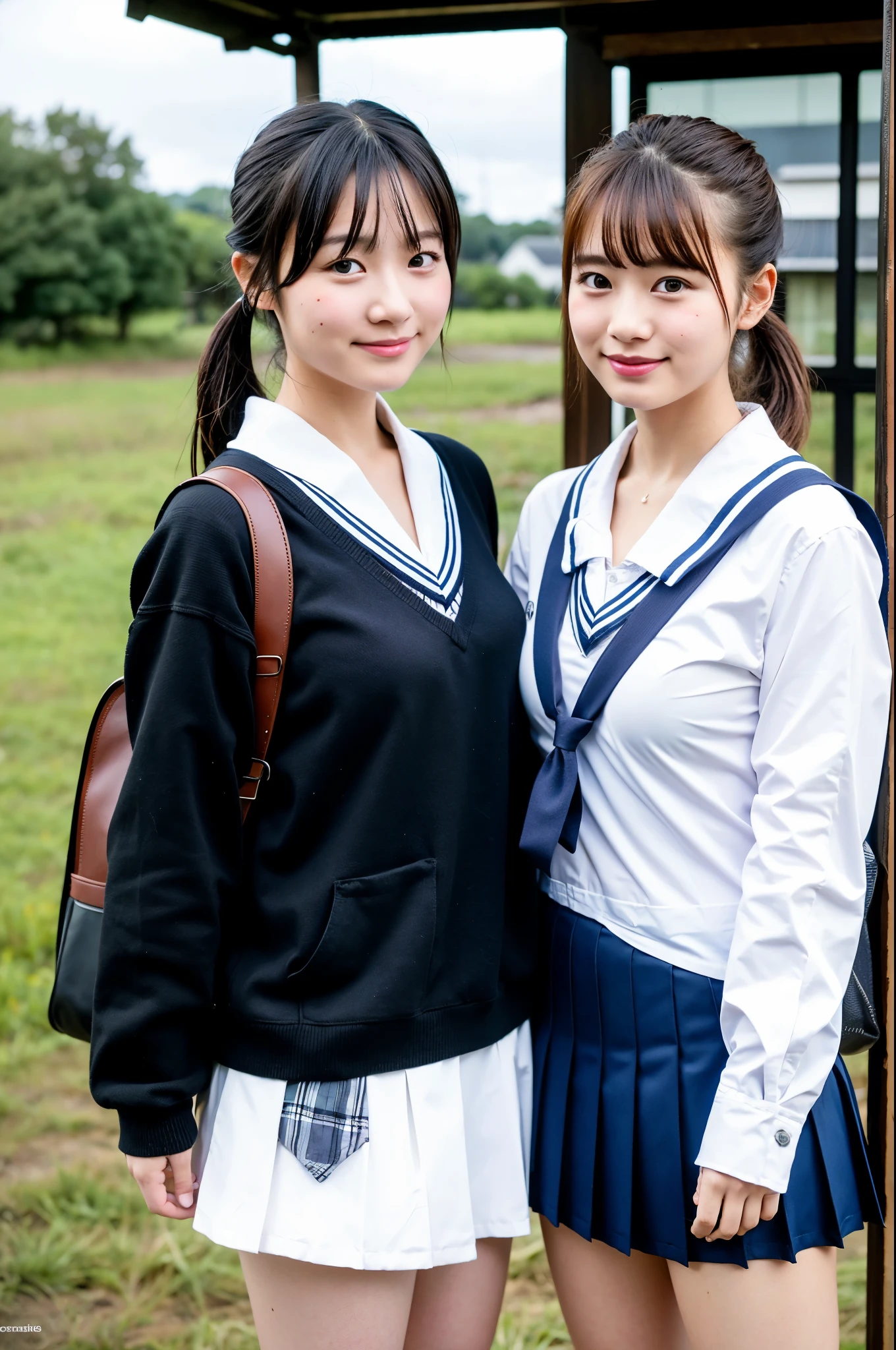 girls near rural bus-stop of old-Japan,bus on farside,long-sleeved school sailor uniform,school bag,18-year-old,bangs,a little smile,thighs,short cut hair,low ponytail,from below,frontlighting
