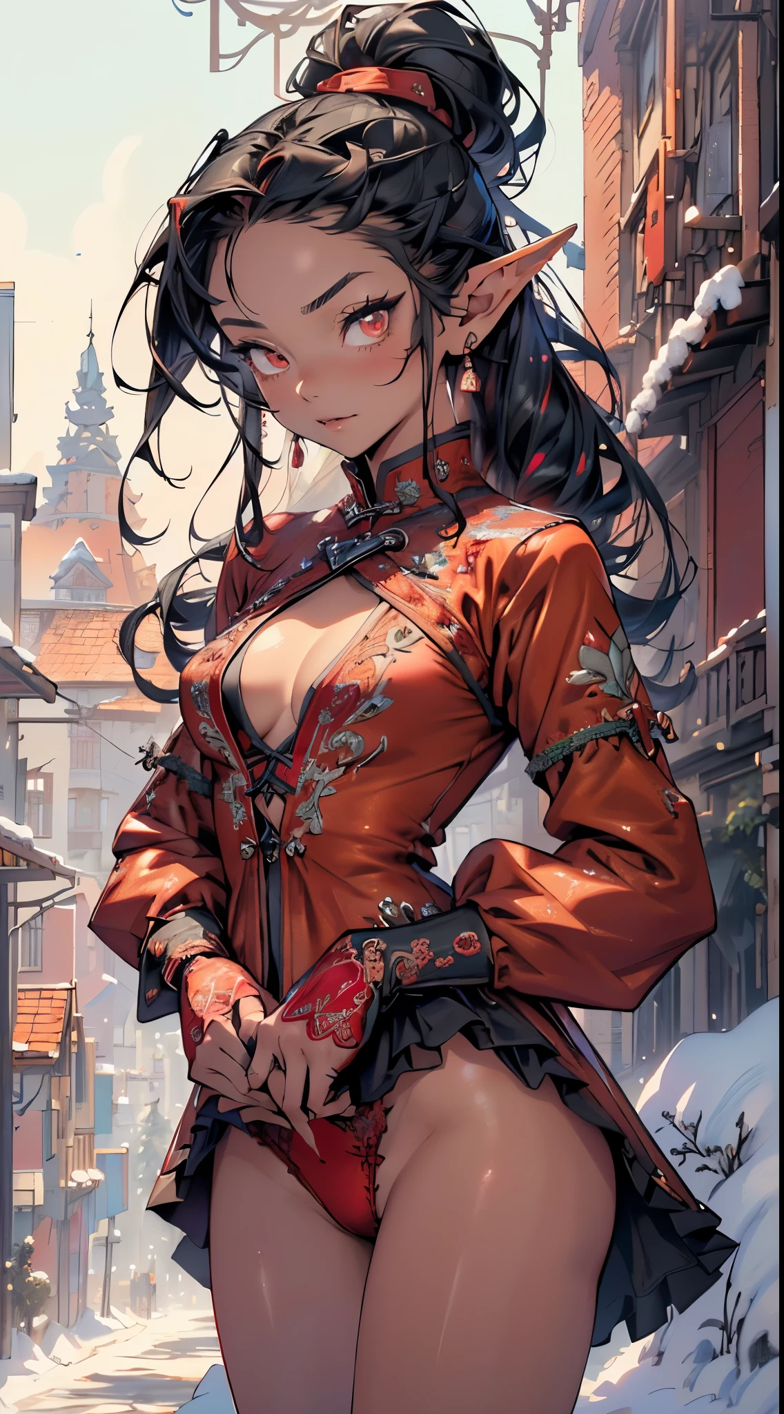 cute elf loli,girl, 1girl,(((little loli,tiny little body,small))),(((6 years old))),((anime elf loli with extremely cute and beautiful black hair)),(((elf, elf ears))),

(((flat chest))),((((black hair:1.35,ponytail braid hair,colored inner hair,ear breathing)))),(((red_eyes:1.3))),intricate eyes,beautiful detailed eyes,symmetrical eyes,big eyes:1.5,(((lustrous skin:1.5,bright skin: 1.5,skin tanned,shiny skin,very shiny skin,shiny body,plastic glitter skin,exaggerated shiny skin,illuminated skin))),(delicate detailed fingers,detailed body,detailed arms,human hands,(detailed face)),

cute,slutty,erotic,daring,nsfw,

zettai ryouiki,revealing clothing,show skin,(((Sexy red fur coat, red fur coat outfit, wearing a red fur coat:1.3,red winter coat))), ((red mini-skirt,red mini skirt with furry edge,visible thong straps)),((underpants strap)),(white gloves,red clothes,semi-naked,with little red clothing,((((furry edge clothing)))),(((intricate outfit,intricate clothes,embroidered outfit,ornate outfit,embroidered clothes,ornate clothes))),

(dynamic pose:1.0),embarrassed,(centered,scale to fit dimensions,Rule of thirds),

((snowy pine forest)),winter,scenery:1.25,((intricate scenery)),((snow forest background)),Christmas tree,

(Glossy winter ornaments),highres,sharp focus,(ultra detailed,extremely detailed),(photorealistic artwork:1.37),(extremely detailed CG unity 8k wallpaper),(((vibrant colors,vibrant theme))),(intricate),(masterpiece),(best quality),