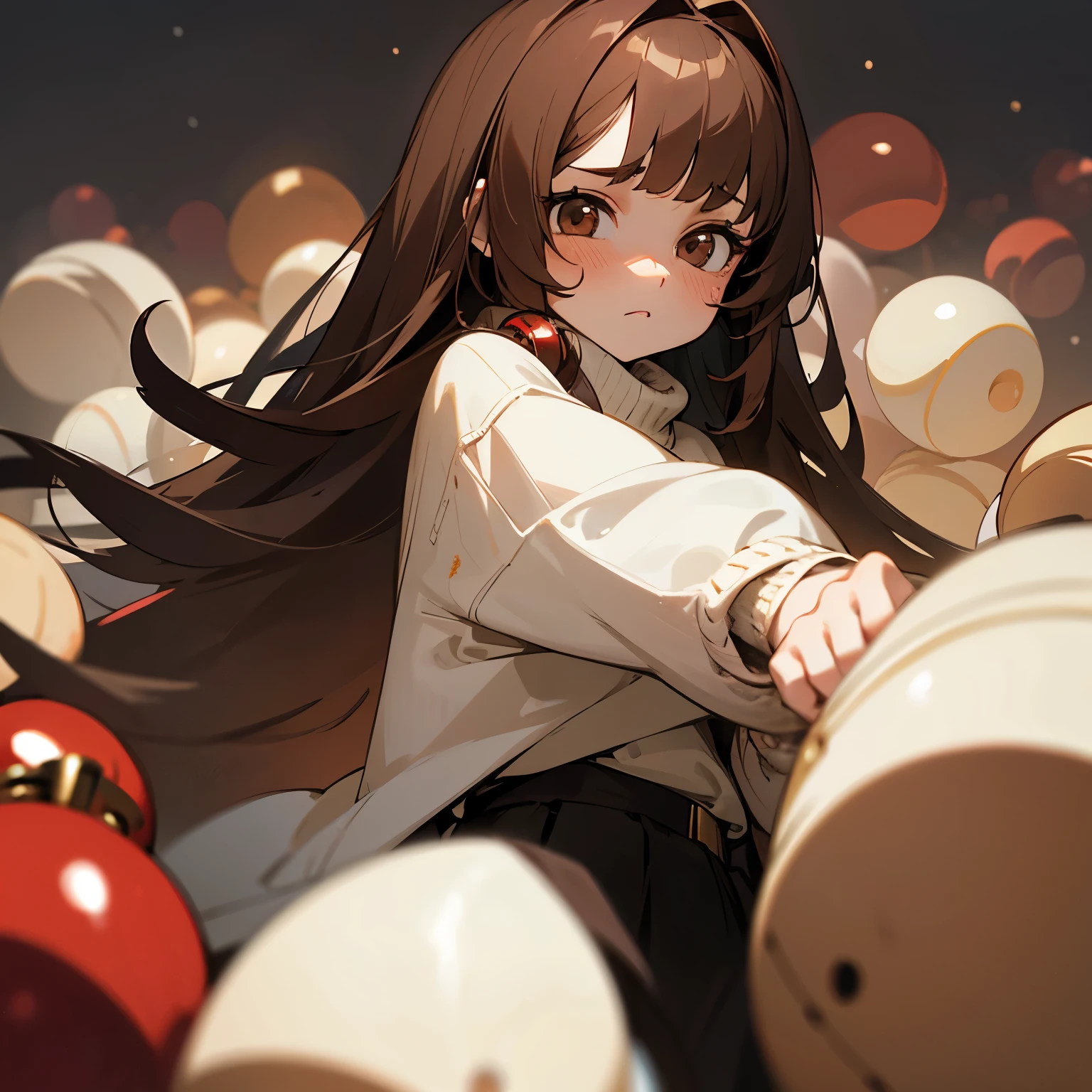 Make somebody's blood boil, Best quality at best, 1 girl, Alone, brunette color hair, Big brown eyes, long whitr hair, bigger, loose sweater, Jingle bells