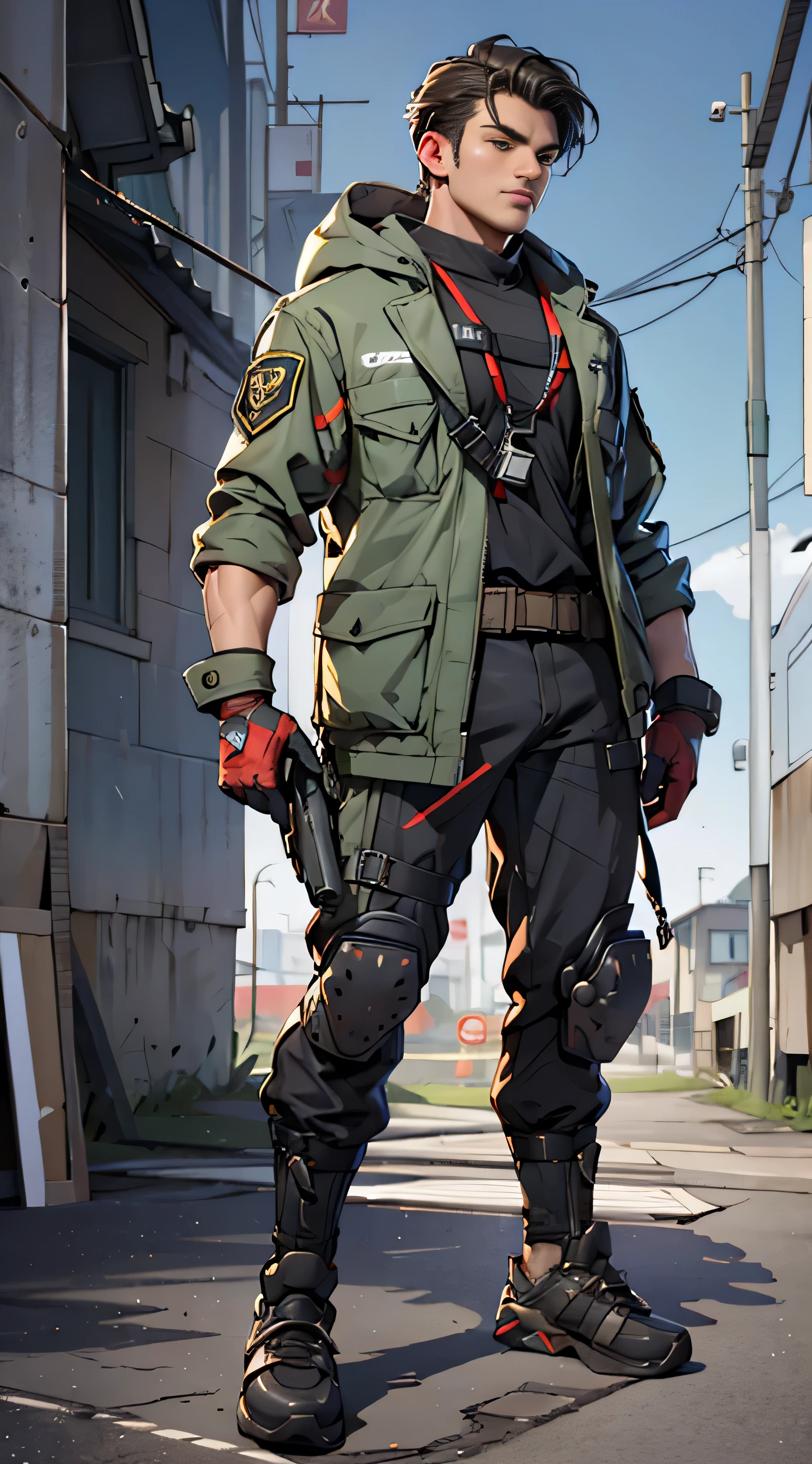 11:23(((Best quality: 1.4))),(Unbeatable masterpiece), (hyper HD),(Hyper-realistic 8k CG)、（dark colored hair） ((( body))), (((1 middle-aged boy))),35-year-old American soldier with perfect body,,delicated face,muscular body:1.2,Solid royal gray jacket with details, (Pictures from head to thighs)， Complex equipment, Dark purple coat，long trousers，The clothes inside are dark，Clothes with metal technical parts,Tech Armor )