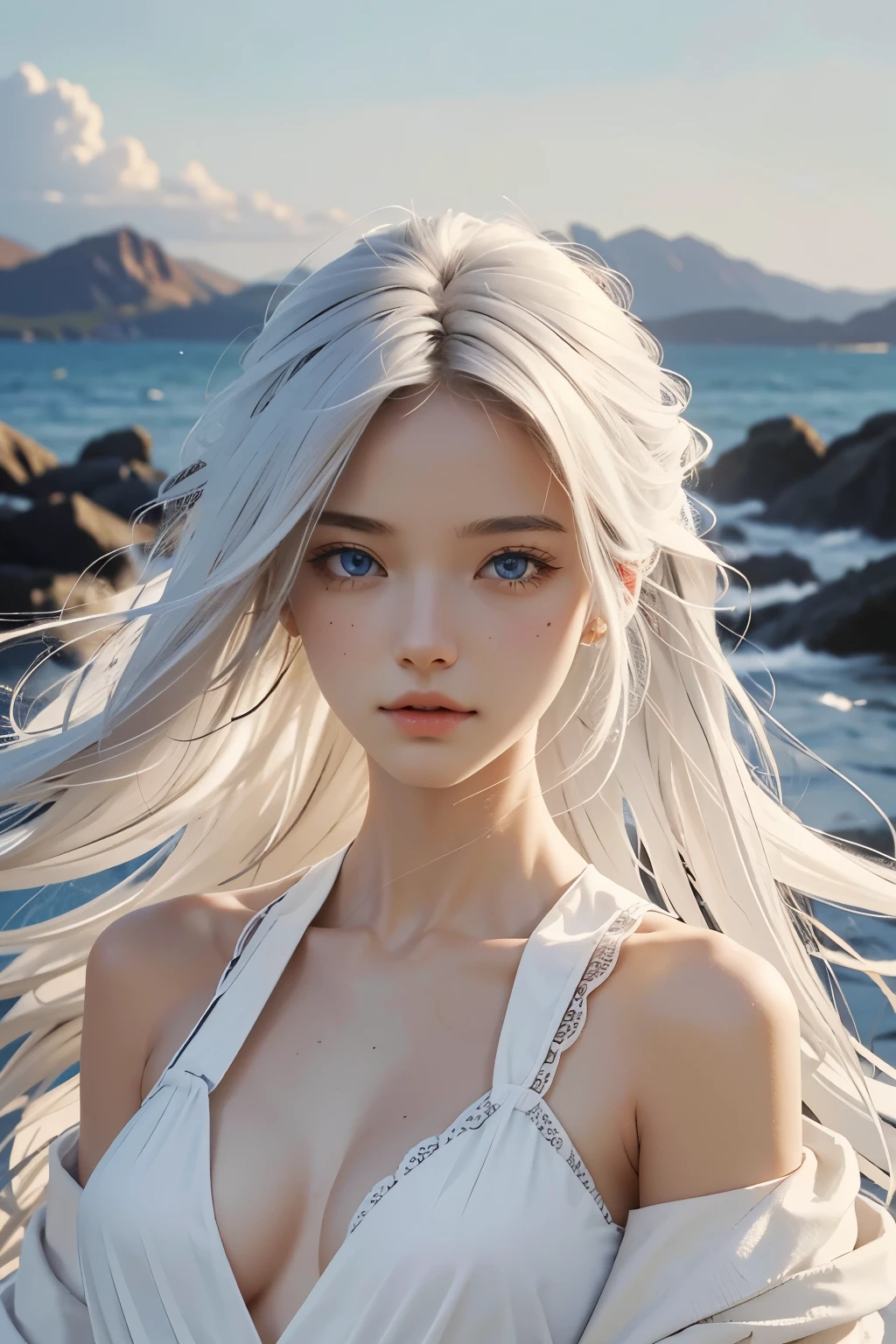 (masterpiece), (best quality), 1girl, perfect anatomy, perfect body, perfect eyes, ultra detailed hair, eyes focus, sexy, messy hair, white hair, windy