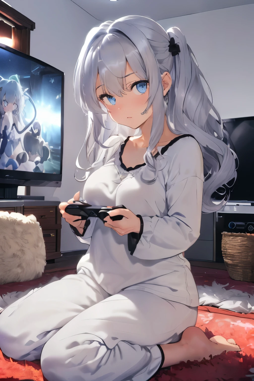 (silber hair:1.5),(Fluffy hair with curls:1.2),(blue eyes:1.3),(With bangs),Slight red tide,(Fluffy and luxurious loungewear:1.45),(A room at night with moonlight shining in:1.6),(Your eyes are shining like stars:1.5),(A man's room living alone:1.45),(simple men's room),(Fluffy carpet:1.35),(Eye size:1.7),(drooing eyes:1.65),(close up of face:1.2),(Side view:1.4),(Sit in front of the TV:1.35),(playing on a home game console:1.4),(video game)