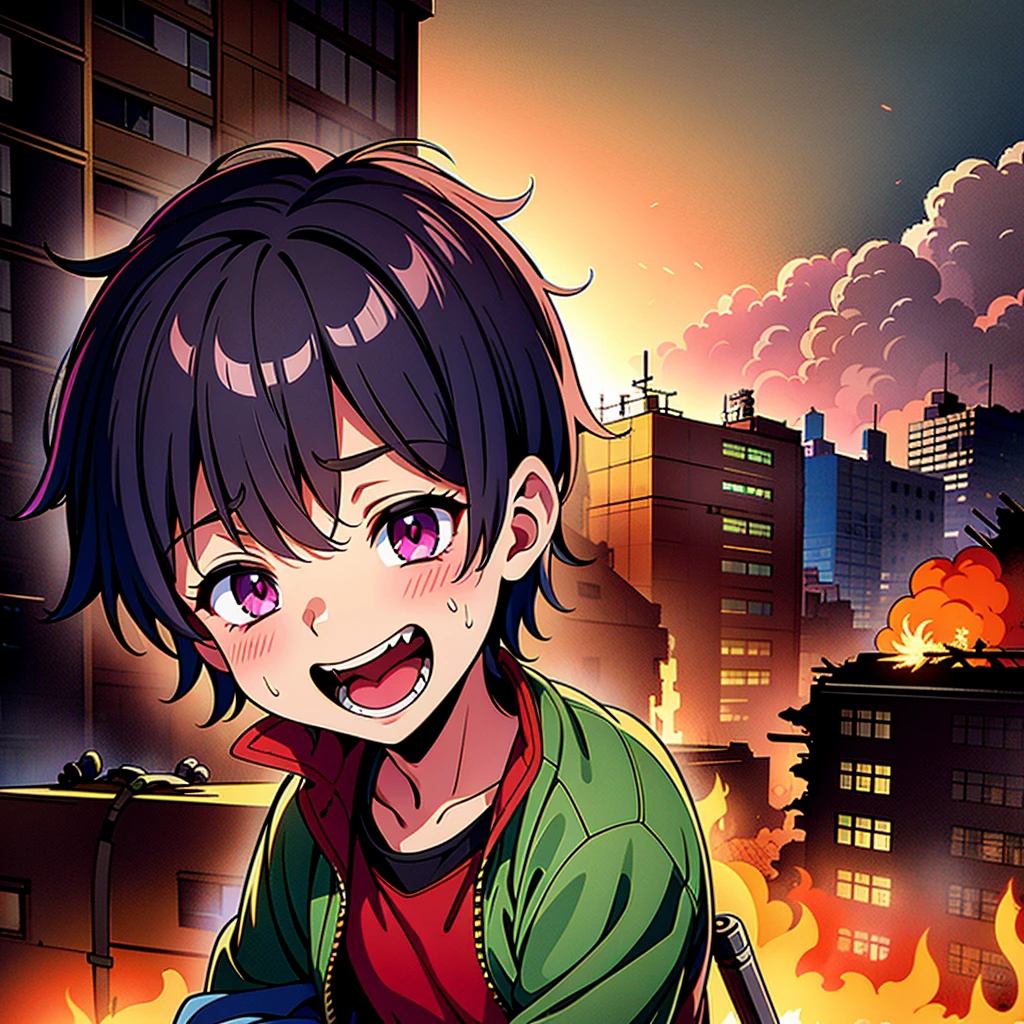 a boy laughing with dirty clothes in a destroyed city and a bomb exploding nearby, (best quality, highres), detailed facial expressions, vibrant colors, post-apocalyptic setting, dusty and debriilled environment, crumbling buildings, smoke and fire, ruins and chaos, intense emotions, rubble and destruction, dynamic composition.