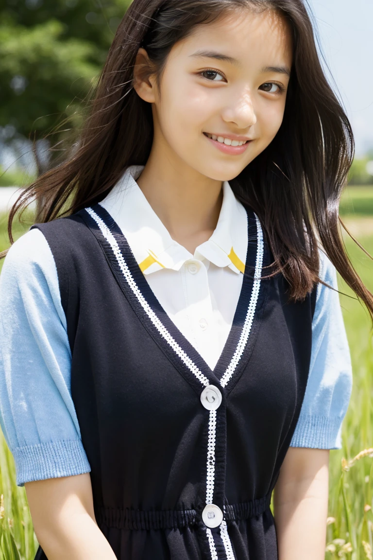 Beautiful girl wearing a collared summer dress、thin summer cardigan、 student、japanes、Wheat-colored The skin、heavy wind、Black hair long hair、少し日焼けしたThe skin、Black、