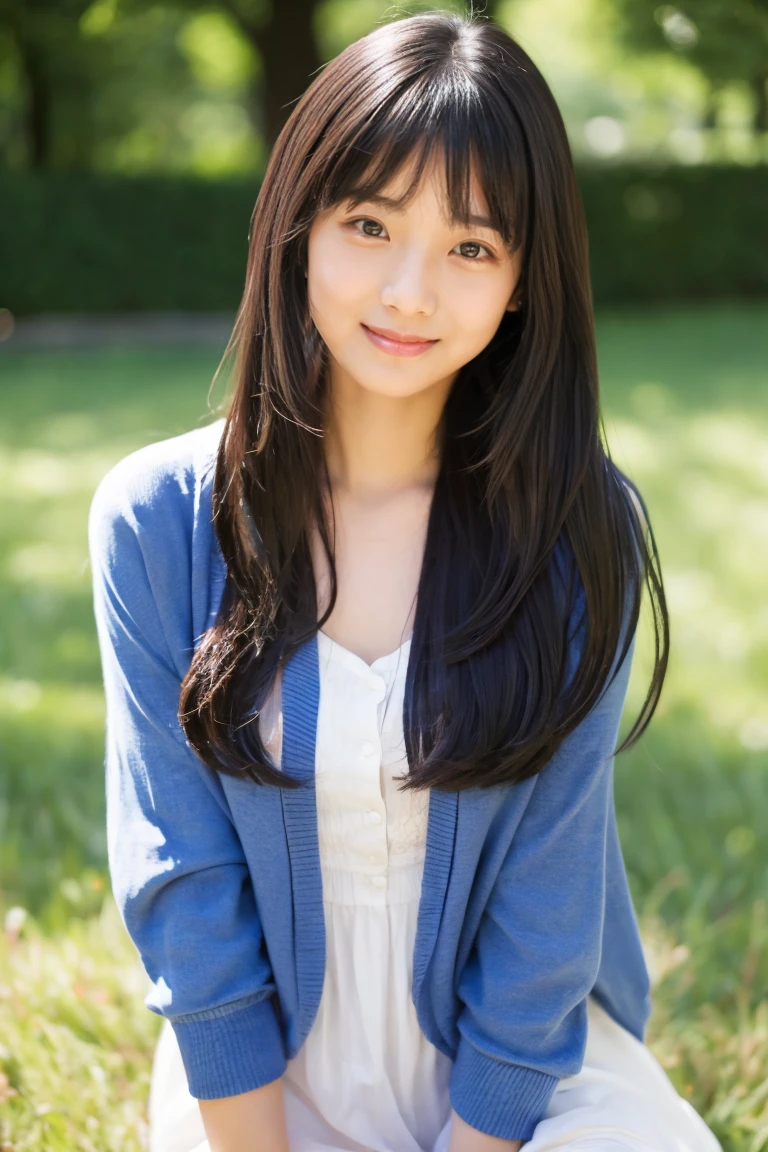 Beautiful girl wearing a collared summer dress、thin summer cardigan、14years、japanes、Wheat-colored The skin、heavy wind、Black hair long hair、少し日焼けしたThe skin、Black、