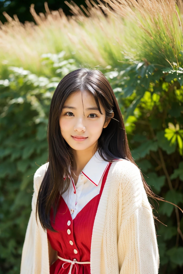 Beautiful girl wearing a collared summer dress、thin summer cardigan、years、japanes、Wheat-colored　The skin、heavy wind、Black hair long hair、少し日焼けしたThe skin、Black、