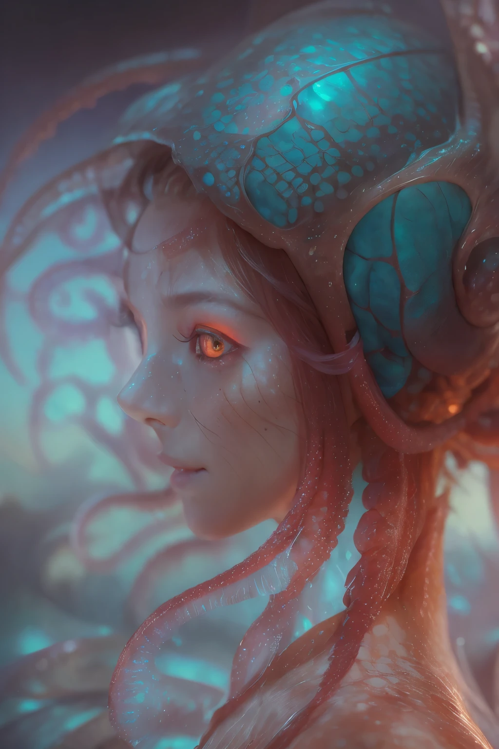 Portrait, (beautiful female alien:1.2),  (There is a female genital-like organ in the middle of the forehead.:1.8), (The most beautiful face in the history of the universe:1.2), (scarlet eyes:1.6), (Translucent skin:1.8), an evil gaze that seduces , (red eyes:1.5), Full body like, (bio luminescent:1.2),Slightly larger mouth, (Smile wickedly:1.3),  (sexypose:1.5), alien, No humans, cells are fused, (Lots of translucent tentacles:1.1) (Translucent skin:1.3), extraterrestrial, cell, bio image, 魅惑的, Best Quality, 8K,4K_quality, High Definition, Dramatic Lighting, masutepiece:1.5,cinematic quality, detail up, (Intricate details:1.2), High resolution, High Definition, drawing faithfully, (Thick eyebrows:1.2), Beautiful eyes with fine symmetry, (Ultra detailed eyes:1.2),(Highly detailed face and eyes:1.2), (High-resolution red-eye:1.4), Intimate face, (Super detailed skin quality feeling:1.4), Perfect Anatomy,  (Beautiful toned body:1.5),  (Moist skin:1.2), No makeup, (dark circles:1.1), long canines, cinematic drawing of characters, ultra high quality model, cinematic quality, detail up, (Intricate details:1.2), High resolution, High Definition, drawing faithfully, Official art, Unity 8K wall  , 8K Portrait, Best Quality, Very High resolution, ultra detailed artistic photography, midnight aura,  unreal enginee 5, Ultra Sharp Focus, art by alberto seveso, ArtGerm, Roisch, intricate artwork, Medusa, best quality, masutepiece, ultra High resolution, (photos realistic：1.4), Ultra-realistic realism, dream-like,  nautilus, Creation of fantasy, Snail, Dream Snail,  biopunk nautilus, Thrilling color schemes， Ultra-realistic realism， seductively smiling, Blue tentacles