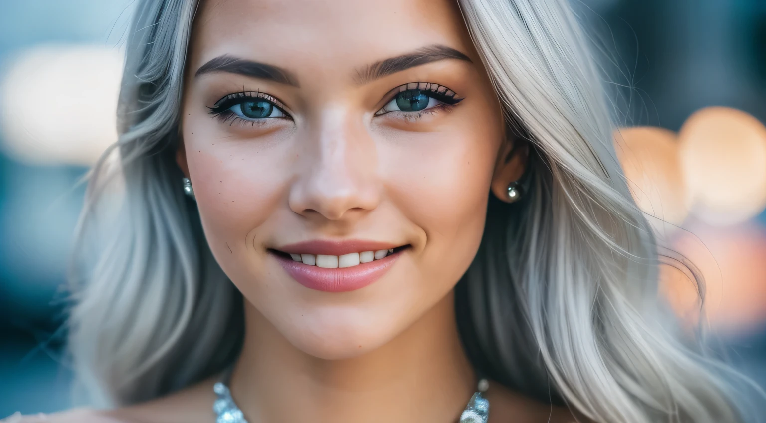 Close-up shot of face only, Smile, 1 Girl with a beautiful face, Beautiful women of Ukraine, Photographer 1.4), (Full body portrait: 1.4),Raw UHD Portrait Photography, background at room , (crack), Detailed (Texture!, hair!, shine, Color!!, defect: 1.1), highly Detailed glowing eyes, (looking in camera), Specular Light, Digital SLR, Extreme quality, sharp focus, sharp, degrees of freedom, Film grain, (Centered), FUJI XT3, Crystal clear, center of frame, Cute face, sharp focus, Bokeh, (Dark light), lowkey, Detailed skin pores, intricate eye details, Silver hair
