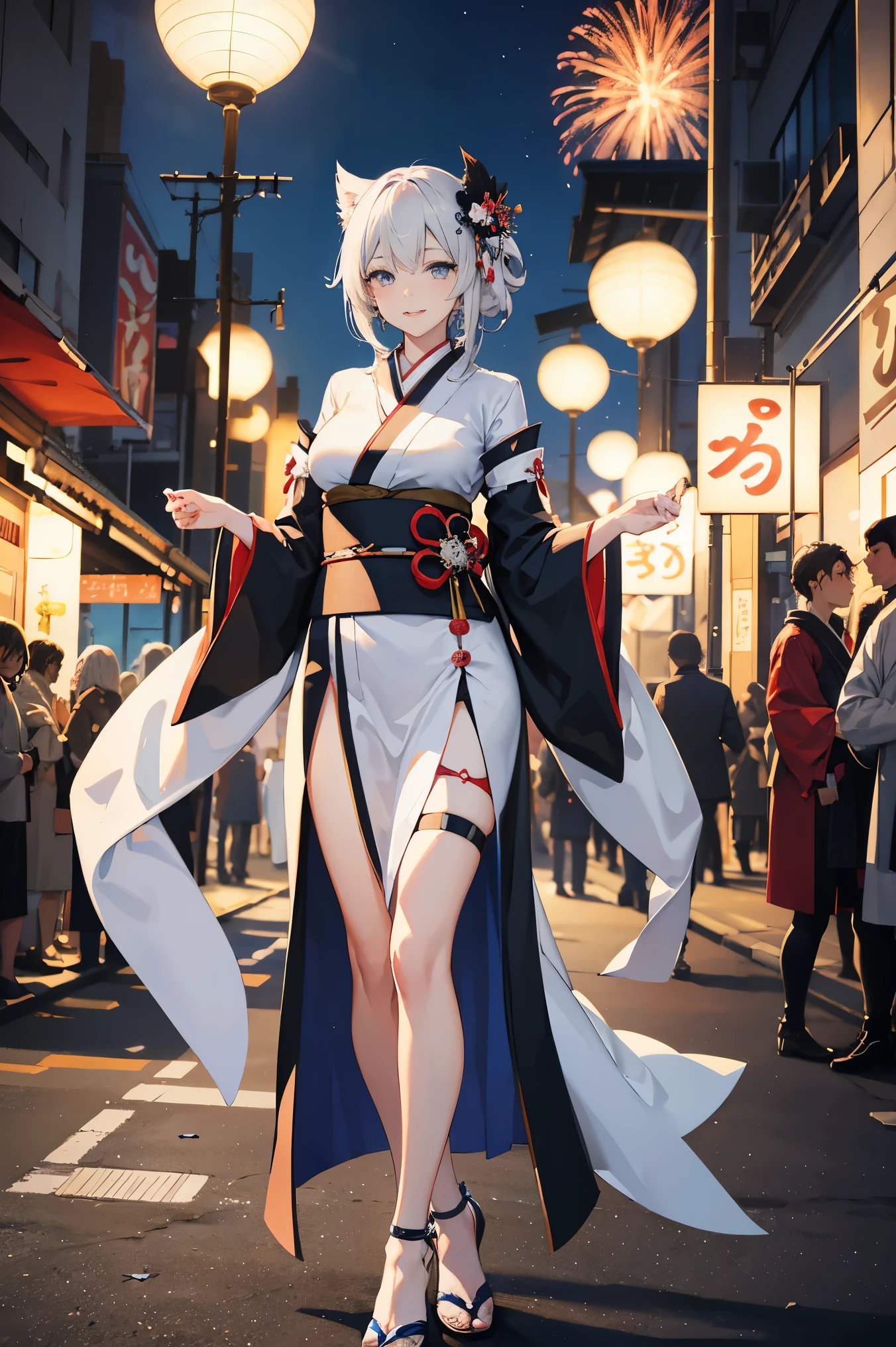 "anime girl, 1 person, silver white hair mixed with black, blue eyes, wearing headphones, wearing a kimono, women's kimono, traditional kimono, detailed outfit, big breasts, white kimono mixed with black, stockings long, standing cross-legged, smiling shyly, looking from many directions, night, festival, New Year's Eve fireworks, watching fireworks, solo(full HD Image 4K+)"