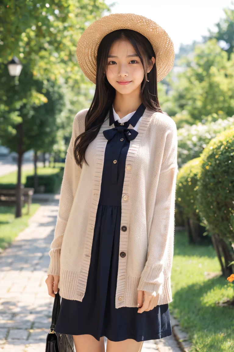 Beautiful girl wearing a collared summer dress、thin summer cardigan、years、japanes、Wheat-colored The skin、heavy wind、Black hair long hair、少し日焼けしたThe skin、Black、
