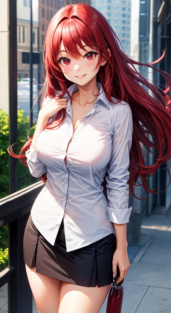 Long red hair, hair loose, wearing formal business clothes, a short skirt, looking at the camera, smiling, big eyes, red eyes