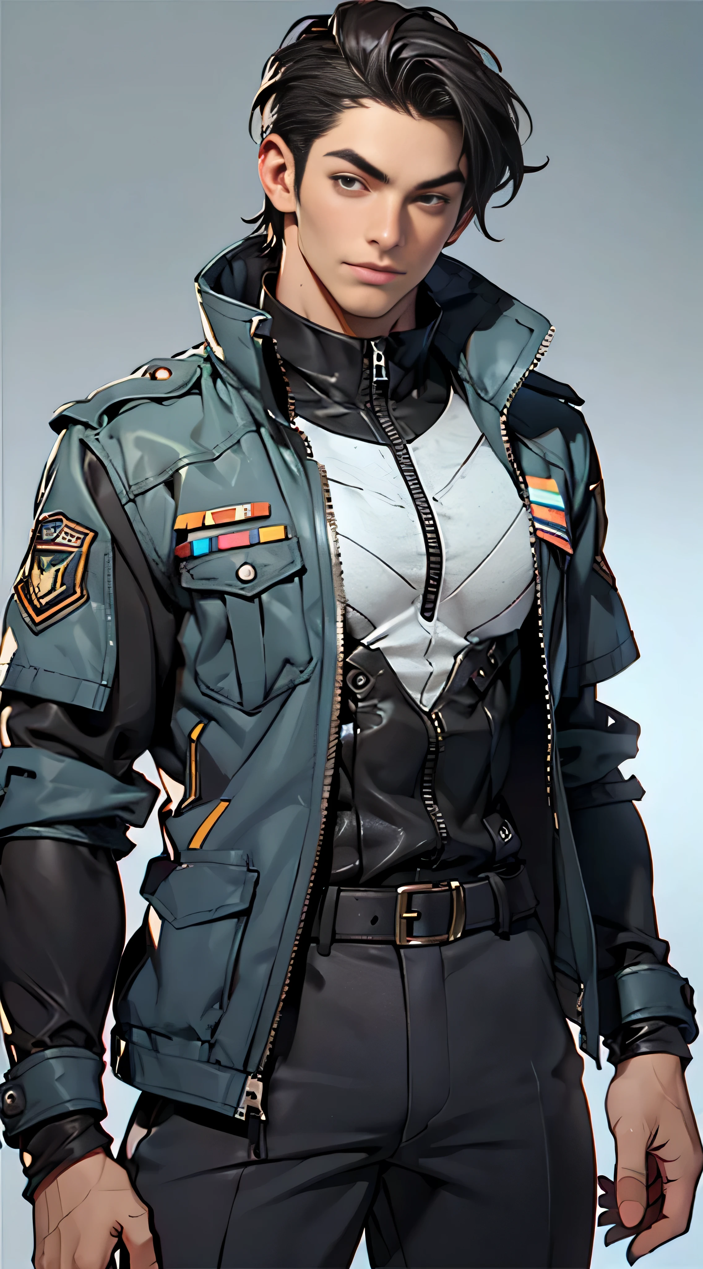 11:23(((Best quality at best: 1.4))),(Unbeatable masterpiece), (hyper HD),(Hyper-realistic 8k CG)、（dark colored hair） ((( body))), (((1 young person))),35-year-old American soldier with perfect body,,delicated face,muscular body:1.2,Solid royal gray jacket with details, (Pictures from head to thighs)， Complex equipment, Dark purple coat，long trousers，The clothes inside are dark，Clothes with metal technical parts,Tech Armor )