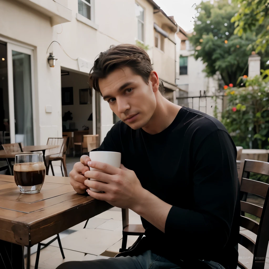 Portrait of (a handsome man), Vogue magazine, cup of coffee, sit down, coffee terrace, Mario Testino style, looking on his right, (plain black t-shirt), snapshot effect, normal hands, soft lighting