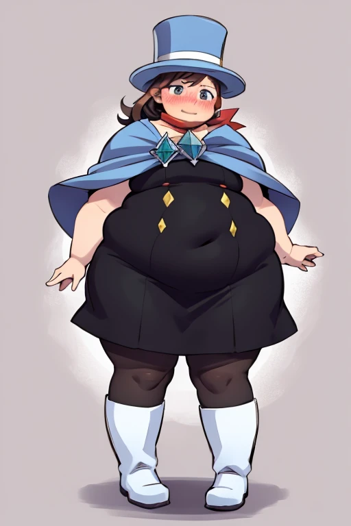 (masterpiece, best quality:1.2), obese trucy wright, blush, embarrassed, obese body, looking at viewer, pinchingpov, pov, cheek pull, top hat, dress, cape, white boots, scarf