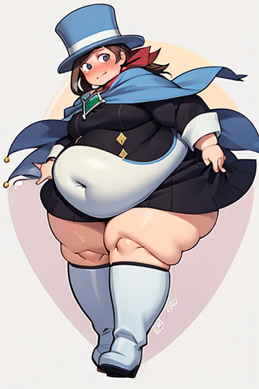 (masterpiece, best quality:1.2), obese trucy wright, blush, embarrassed, obese body, looking at viewer, pinchingpov, pov, cheek pull, top hat, dress, cape, white boots, scarf