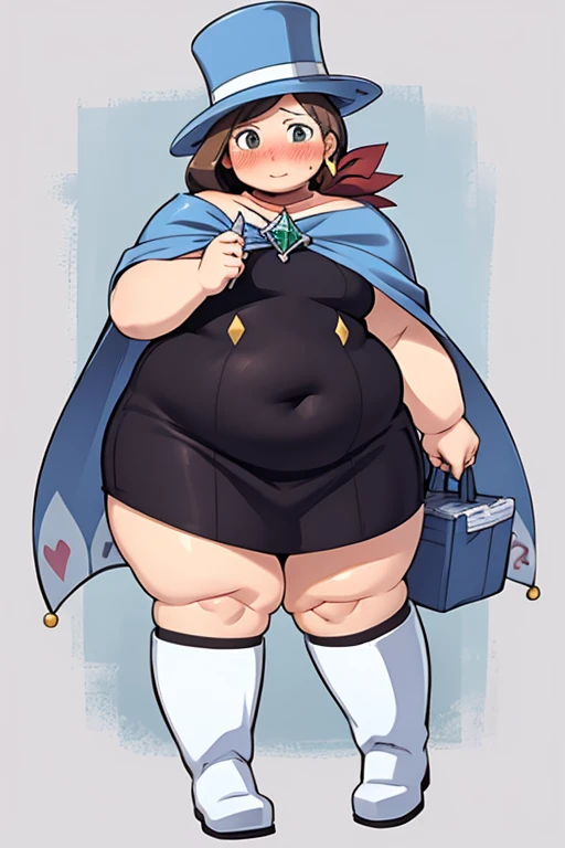 (masterpiece, best quality:1.2), obese trucy wright, blush, embarrassed, obese body, looking at viewer, pinchingpov, pov, cheek pull, top hat, dress, cape, white boots, scarf