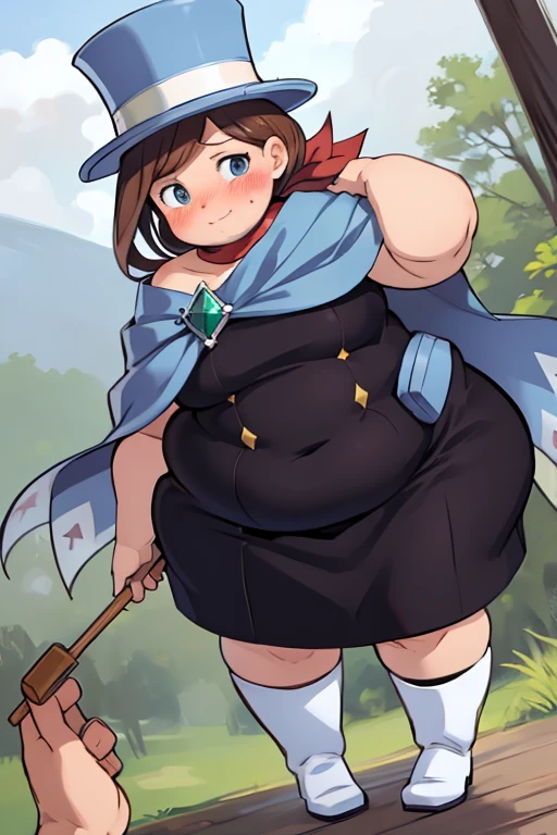 (masterpiece, best quality:1.2), obese trucy wright, blush, embarrassed, obese body, looking at viewer, pinchingpov, pov, cheek pull, top hat, dress, cape, white boots, scarf