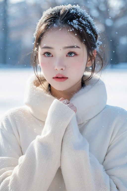 ( best quality, masterpiece, ultra high res, photorealistic:1.4, RAW photo:1.2), beautiful half russia-chinese woman, 24 years old, heart face shape, short hair, ( melancholy winter snow:1.4), warm sun